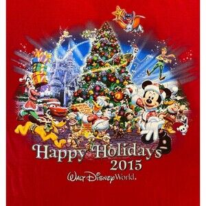 Disney Christmas 2015 Red T-Shirt Size Large Christmas Tree & Disney Character